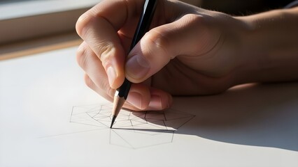 Close up of hand drawing with pencil on white paper surface