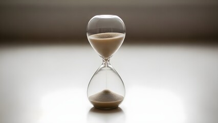 Hourglass on a reflective surface representing time passing and concept of deadline
