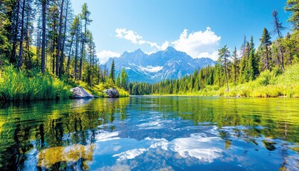 A tranquil lake reflects the sky, clouds, and surrounding pine forest, with majestic snow-capped mountains in the background under a bright blue sky.