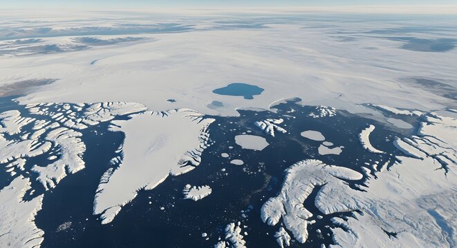 Aerial view of greenland ice sheet edge meeting dark ocean water with melting ice floes and a small meltwater lake.