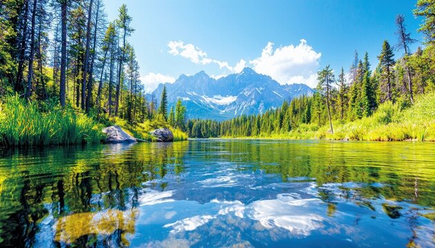 A tranquil lake reflects the sky, clouds, and surrounding pine forest, with majestic snow-capped mountains in the background under a bright blue sky.