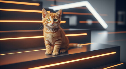 Cute Orange Kitten Sitting on Modern Stairs with Neon Lights