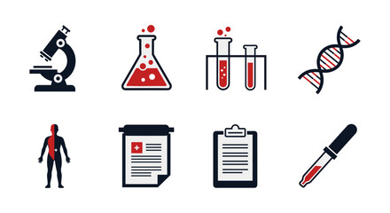 Science icons set featuring microscope, dna helix, test tubes, and medical clipboard