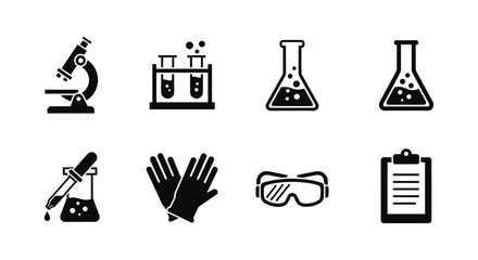 Black and white science icons featuring lab equipment and safety gear