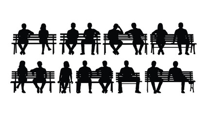 People sitting on benches silhouette vector set isolated on white background, Vector