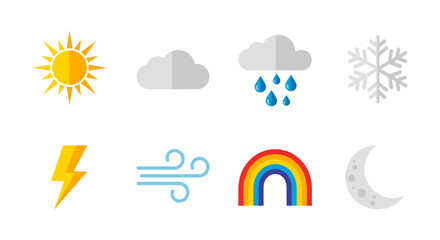 Obraz premium Colorful weather icons set featuring sun, rain, snowflake, and rainbow