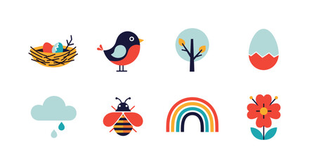 Colorful spring icons: birds, bugs, and blossoms for seasonal themes