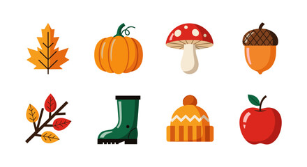 Colorful autumn elements: leaves, pumpkin, mushroom, and more