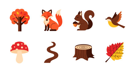 Colorful flat forest animals and autumn elements
