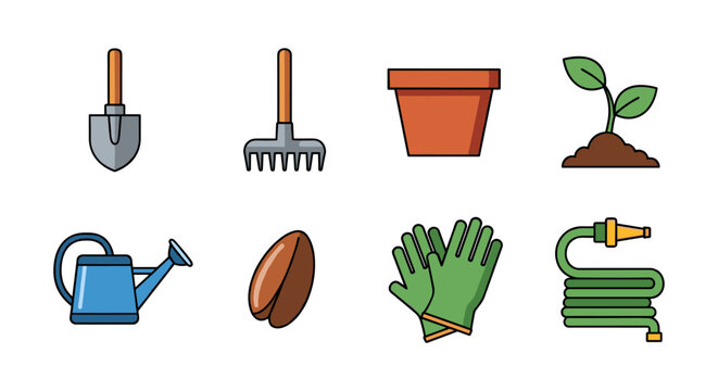 Colorful garden tools and elements set for planting and gardening enthusiasts