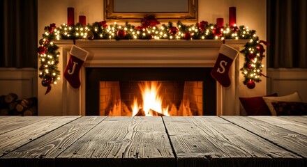 Cozy christmas fireplace with stockings and warm glow, rustic wooden table