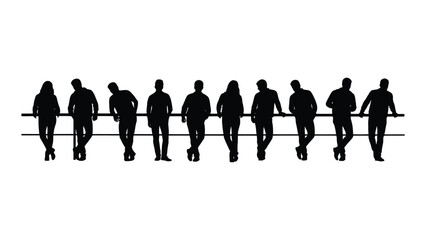 Group of people leaning on railing silhouettes isolated on white background, Vector