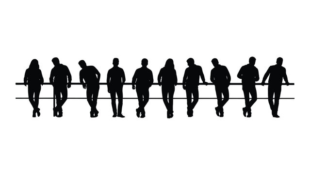 Group of people leaning on railing silhouettes isolated on white background, Vector