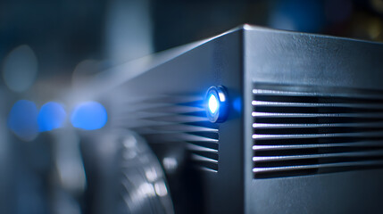 Projection of Light: A detailed shot of an advanced projector casting a beam of bright light, symbolizing technology and information delivery.