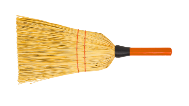 A classic straw besom or corn broom with a short orange handle on transparent background