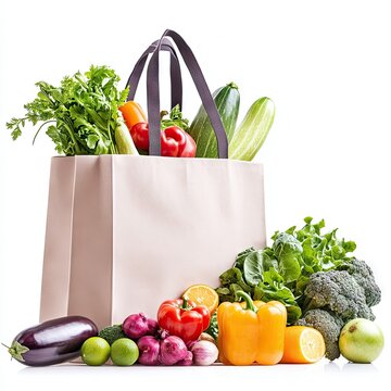 A light-colored reusable shopping bag filled with various fresh vegetables and fruits, with more produce spilling out onto a white surface. The scene is brightl