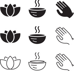 Collection of nine black and white icons representing wellness, relaxation, and mindfulness Keywords: lotus, flower, blossom, water lily, bowl, steam, hot, soup, food, drink, hand, palm, open hand