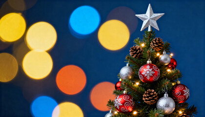 Decorated Christmas tree with ornaments, pine cones and lights