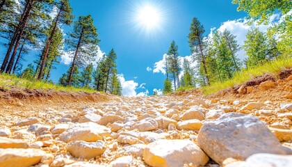 A low-angle view of a steep, rocky dirt path leading upwards through a forest of pine trees under a bright, sunny blue sky with scattered clouds.
