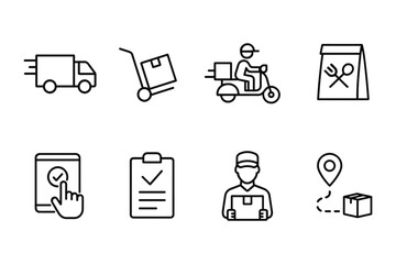 Linear icons of delivery services: truck, scooter, package tracking, and more
