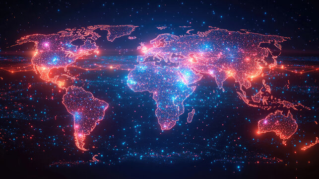 Digital World Map with Glowing Connections on Dark Background Global Network and Connectivity