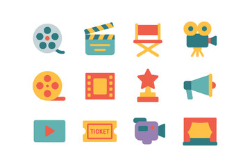 Colorful movie and cinema icons in flat style for entertainment projects