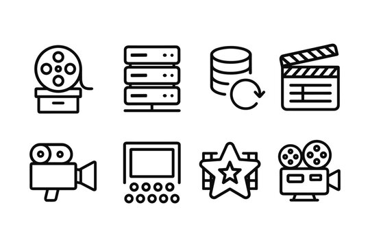 Black and white linear icons of film and media equipment and symbols