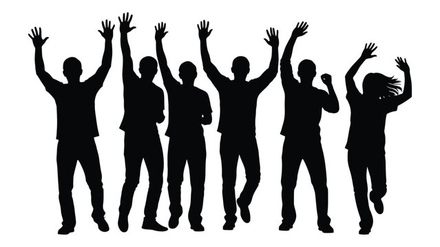 Happy people silhouettes with raised hands isolated on white background, Vector