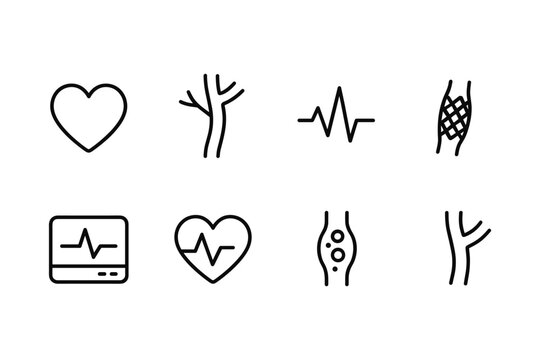 Medical line art icons: heartbeat, stent, artery, and more