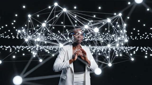 Woman forming digital cloud network with outstretched arms. Female professional connecting glowing data points in sequence. Cloud computing and technology visualization concept.