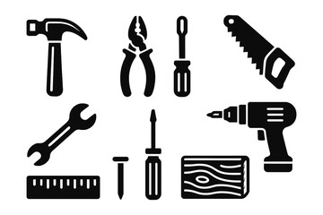Obraz premium Simple tool icons: hammer, pliers, screwdriver, saw, drill, wrench, nail, ruler, wood block