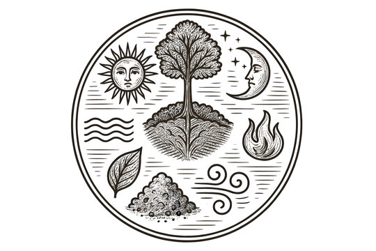 Mystical nature elements with tree and celestial symbols in vintage design