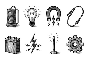 Retro science icons: coil, light bulb, magnet, and more in detailed vintage style