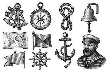 Vintage nautical set featuring anchors, compass, ship wheel, captain, and maritime symbols