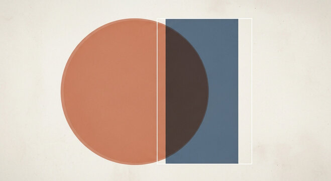 Minimalist abstract art featuring an overlapping terracotta circle and a blue rectangle on a textured background.