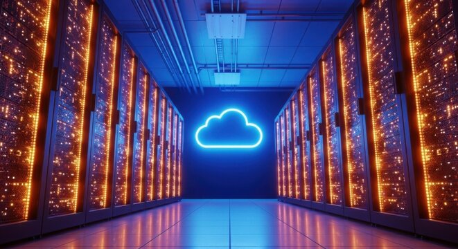 Cloud computing concept in a futuristic data center with glowing server racks.