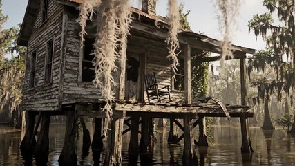 Eerie serenity: The timeless allure of an old swamp house amidst mystical waterways