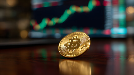 Golden Bitcoin amidst Market Trends: A close-up shot of a radiant golden bitcoin, poised on a wooden surface, with a dynamic stock chart subtly blurred in the background.