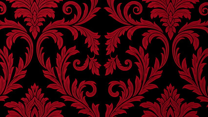 A dark background featuring a red damask pattern with floral and leaf like designs symmetrically arranged