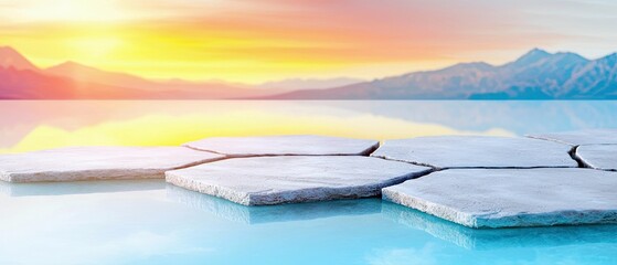 A serene landscape featuring a flat stone platform emerging from calm, blue water. In the background, distant mountains are silhouetted against a vibrant sunset