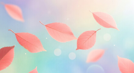 Fototapeta premium Pastel Pink Leaves Gently Falling in a Dreamy, Ethereal Space for Springtime Designs and Serene Visuals, Ideal for Health, Wellness, and Beauty Products