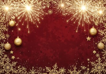 Traditional Christmas background with textured burgundy surface adorned with sparkling gold motifs and fireworks