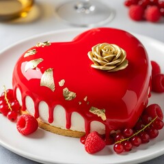 Decadent Heart-Shaped Red Mirror Glaze Mousse Cake with Gold Accents and Fresh Berries