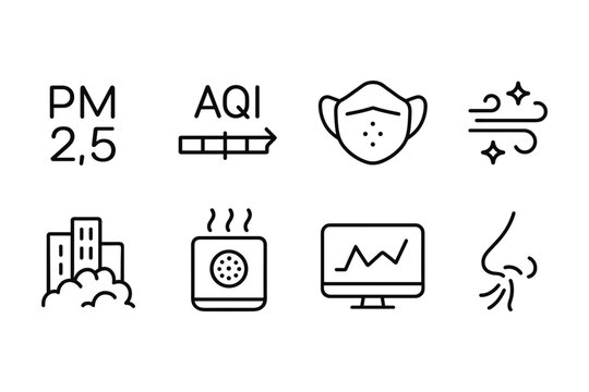 Air quality linear icons: pollution, protection, and monitoring symbols