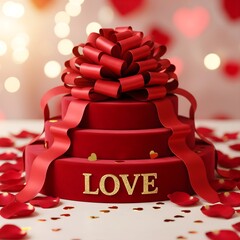 Luxurious Three-Tier Red Velvet Cake with Giant Ribbon Bow, Gold "LOVE" Accent, and Rose Petals