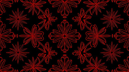 Red floral pattern on a black background with symmetrical design and abstract shapes repeated all over