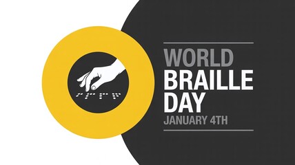 World Braille Day Banner for January 4th with Hand Reading Braille Dots Icon on Yellow and Dark Background for Blindness Awareness and Accessibility
