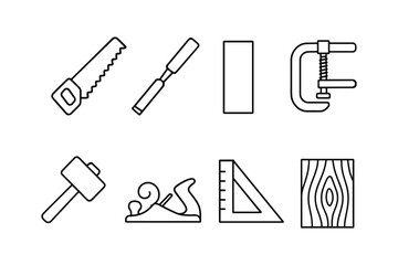 Fototapeta premium Minimalist line art of carpentry tools: saw, chisel, clamp, wood plane, and more