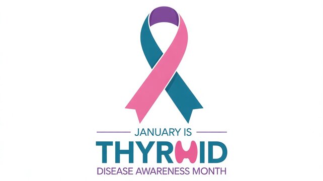 January is Thyroid Disease Awareness Month with Purple, Pink, and Teal Ribbon Symbol for Healthcare Campaigns, Endocrinologist Support, and Education