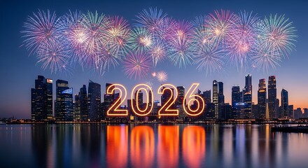 New year 2026 celebration with fireworks over city skyline at night